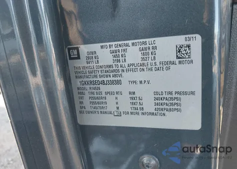 2011 GMC Acadia Slt-2 from USA, damaged, VIN 1GKKRSED4BJ338380